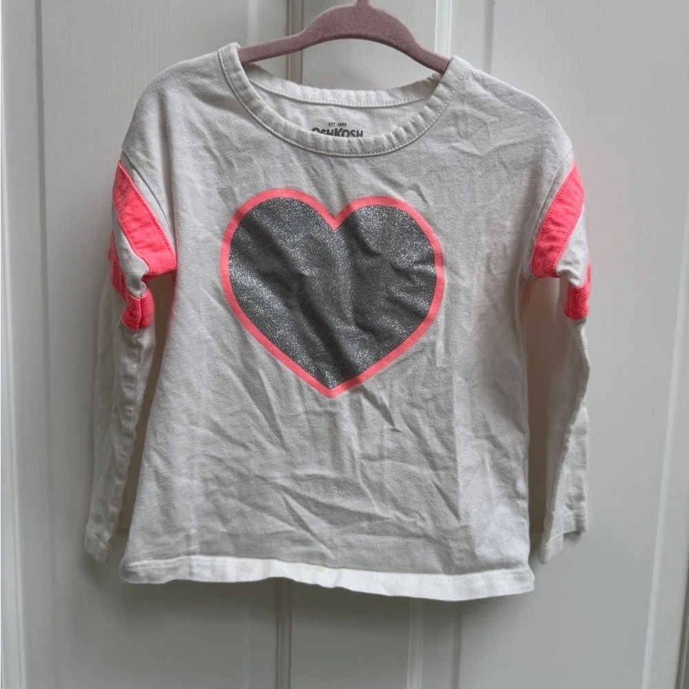 OshKosh B'gosh 3T Girls White and Pink Heart Long Sleeve Tee Shirt Blouse